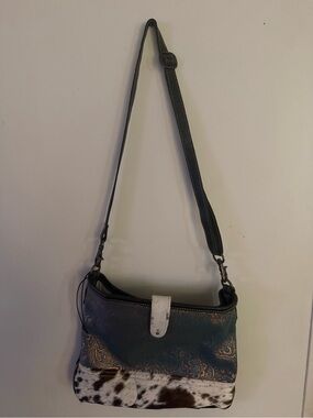 Myra Bag Blue-Teal Crossbody with White Hair-On Calf Accent